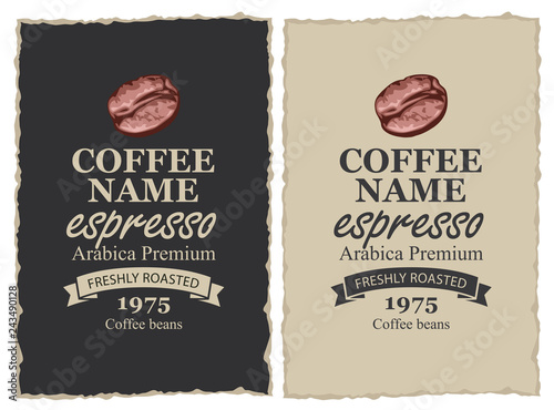 Vector set of labels for freshly roasted coffee beans. Coffee labels with coffee bean and ribbon in retro style with inscription Espresso with ripped edges.