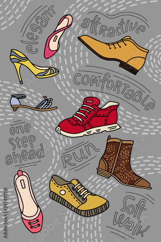 Collection of hand-drawn boots for men and women with lettering on grey background
