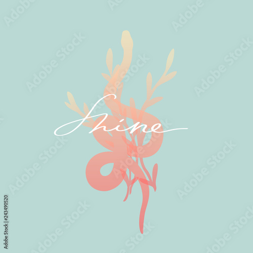 Shine slogan. Snake with tree. Typography graphic print, fashion drawing for t-shirts .Vector stickers,print, patches vintage