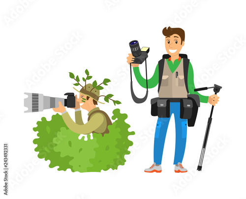Photo Reporter in Bush, Vector. Photojournalist