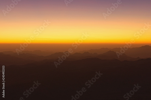 Majestic view of Mount Sinai (Mount Horeb, Gabal Musa, Moses Mount) at sunrise. Sinai Peninsula of Egypt. Pilgrimage place and famous touristic destination