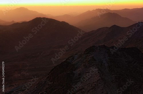 Picturesque view of Mount Sinai (Mount Horeb, Gabal Musa, Moses Mount) during sunrise. Sinai Peninsula of Egypt. Pilgrimage place and famous touristic destination