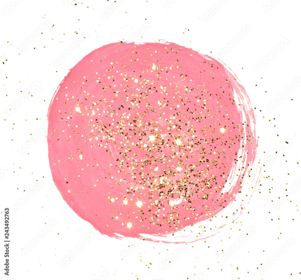Golden glitter on abstract round pink watercolor splash on white