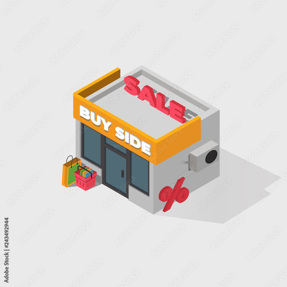 isometric shop and supermarket with awnings vector illustration