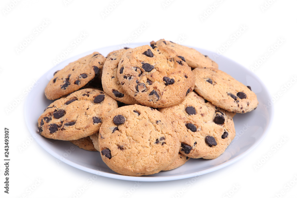 Chocolate chip cookies on plate isolated on white Chocolate chip cookies on plate isolated on white
