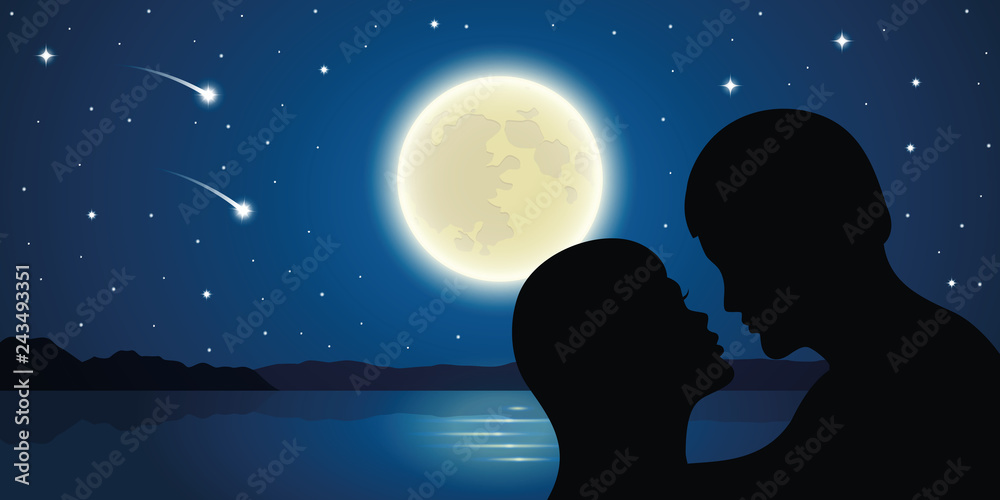 romantic kiss by the lake full moon and falling stars vector illustration EPS10