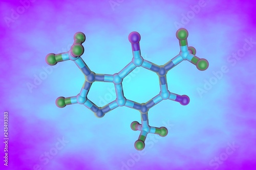 Molecular model of caffeine, a stimulant and psychoactive drug. Scientific background. 3d illustration