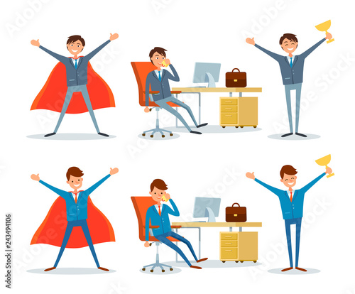 Man Working by Office Table, Business Superman