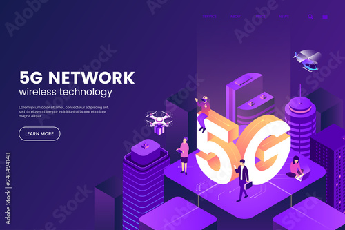 5G network wireless technology vector illustration. Isometric smart city with big letters 5g and tiny people. Modern city connected to global network. Internet in urban environment. Eps 10.