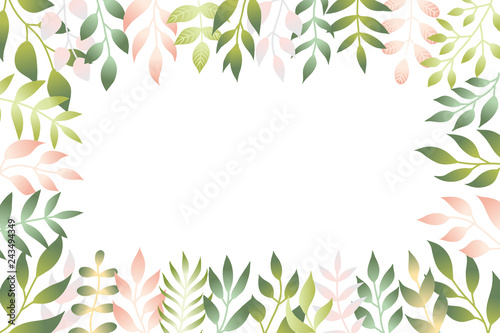Vector illustration of spring leaves in flat style. Floral background with copy space for text, tender plants branches for poster, banner, wedding card template