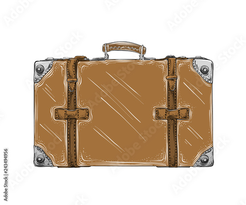 Hand drawn sketch of retro suitcase in brown color isolated on white background. Detailed vintage style drawing. Vector illustration