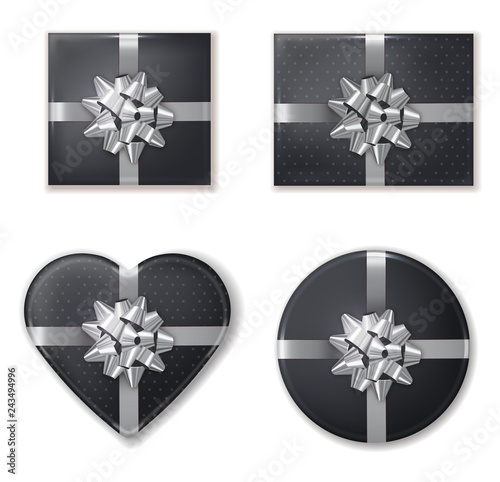 Giftbox set collection black and silver Vector realistic. Product placement m...