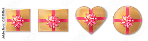 Golden giftbox set with pink bow Vector realistic. Product placement mock up....