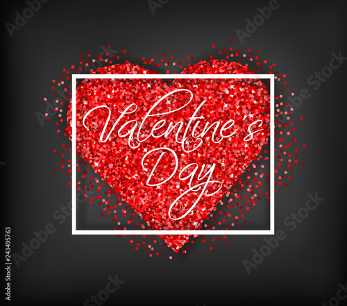 Red glitter heart Valentine day card Vector. Sparkle lovely poster. Romantic ...