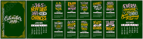 Modern typography lettering compositions. 2019 calendar with funny motivation quotes. Hand drawn illustrations. Trendy slogan, vector graphic