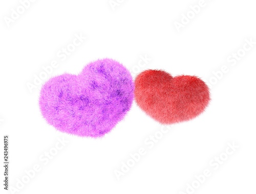 Fluffy heart. Fur plush heart on white background. Heart shape red fluffy soft pillow or cushion for Valentine s day or wedding day in love. 3d rendering.