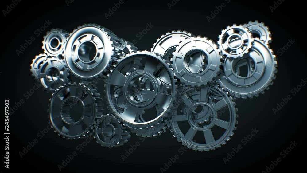 Beautiful Reflective Metal Gears Turning in Abstract Working Mechanism on Black Background Seamless. Looped 3d Animation Alpha Matte. Teamwork Business and Technology Concept. 4k Ultra HD 3840x2160. Beautiful Reflective Metal Gears Turning in Abstract Working Mechanism on Black Background Seamless. Looped 3d Animation Alpha Matte. Teamwork Business and Technology Concept. 4k Ultra HD 3840x2160.