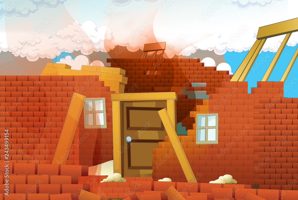 cartoon scene with destroyed house on construction site illustration