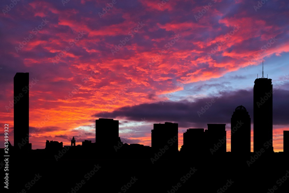 Boston skyline silhouette on colourful sunset background illustration