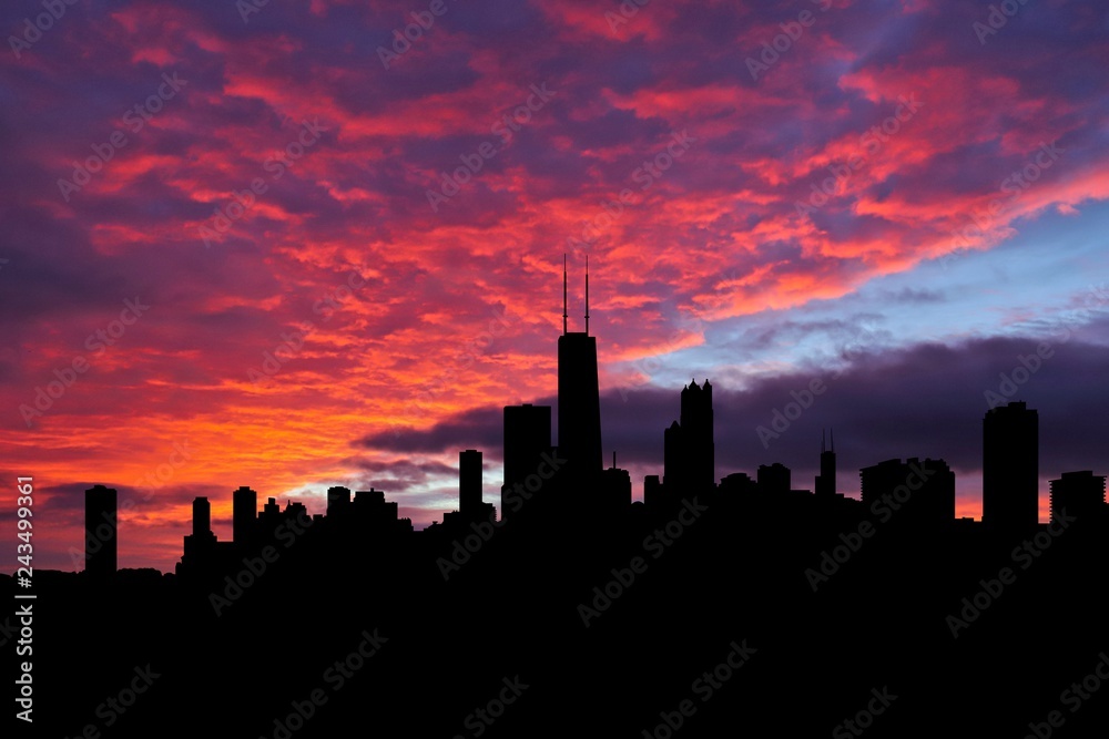 Chicago skyline silhouette on colourful sunset background illustration