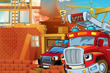 cartoon illustration with fire fighter truck at work helping on accident on construction site - illustration for children