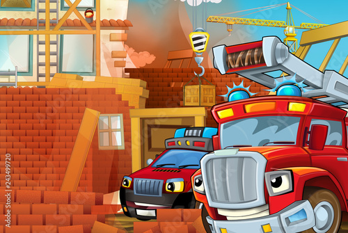 cartoon illustration with fire fighter truck at work helping on accident on construction site - illustration for children © honeyflavour