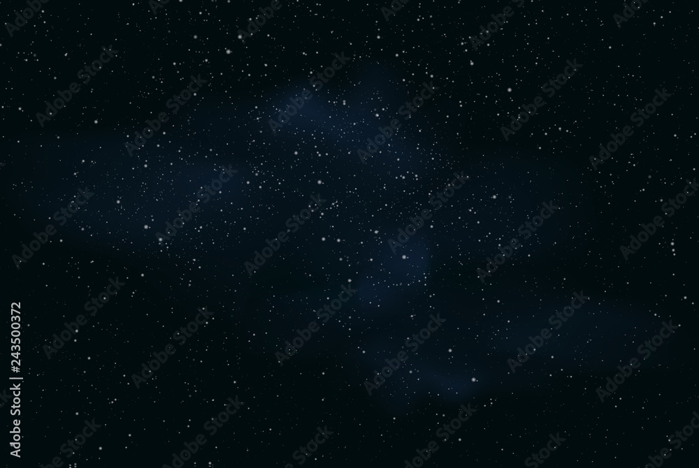 Realistic illustration of a dark night sky or space with stars and nebula, vector