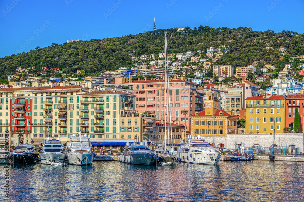 View of boats in the Port of Nice harbor on the Mediterranean Sea, Cote dAzur, French riviera, France