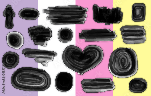 Grunge brush strokes. Text banners, speech bubbles for your message. Set of stains isolated on background. Hand drawn scribble. Dirty artistic design elements. Vector illustration