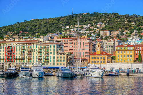 Obraz na płótnie View of boats in the Port of Nice harbor on the Mediterranean Sea, Cote dAzur, French riviera, France w salonie