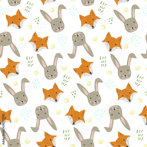 Cute cartoon seamless pattern with orange fox and gray hare heads with grass on white background. Funny hand drawn foxy and rabbit texture for kids design, wallpaper, textile, wrapping paper