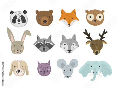 Set of cute cartoon hand drawn animals in bright colors. Vector illustration of wild and domestic animal heads as panda, bear, fox, raccoon, cat, mouse for pattern, print design, kids app and book