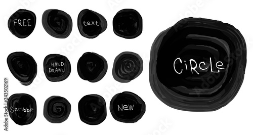 Grunge brush strokes. Round text banners, speech bubbles for your message. Set of stains isolated on white background. Hand drawn scribble. Dirty artistic design elements. Vector illustration