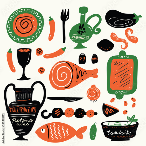 Traditional greek food. Funny hand drawn illustration with food elements.