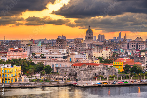Havana, Cuba downtown skyline on the water just after sunset.