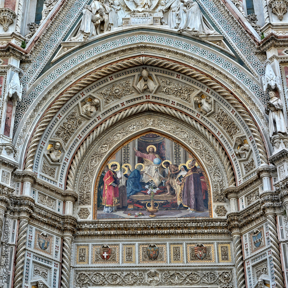 Italian Renaissance. Amazing architectural details with painting, carving & decorations of awesome marble facade of Florence Cathedral. Medieval Art and Architecture. Italy, Florence
