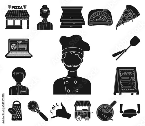 Pizza and pizzeria black icons in set collection for design. Staff and equipment vector symbol stock web illustration.