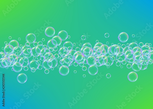 Bathtub foam. Detergent soap bubble and suds for bath. Shampoo. Multicolor fizz and splash. Realistic water frame and border. 3d vector illustration template. Green colorful liquid bathtub foam.