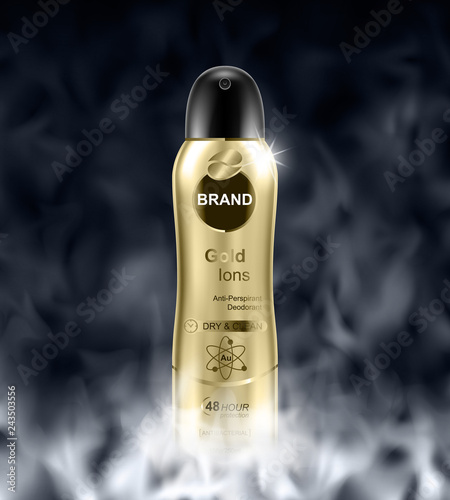Cosmetic ads template, deodorant bottle on dark fog background. Realistic vector illustration