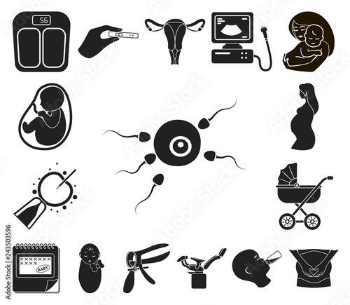 Woman and pregnancy black icons in set collection for design. Gynecology and equipment vector symbol stock web illustration.