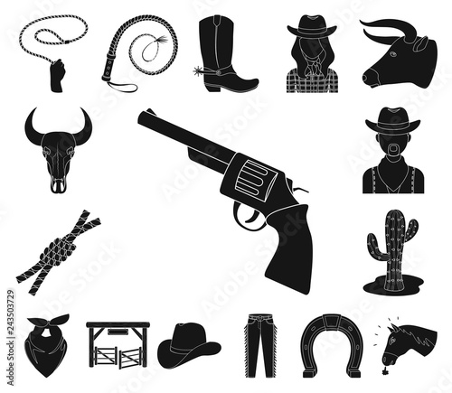 Rodeo, competition black icons in set collection for design. Cowboy and equipment vector symbol stock web illustration.