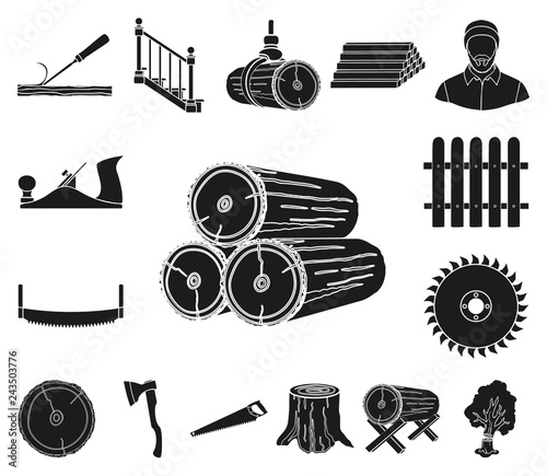 Sawmill and Timber black icons in set collection for design. Hardware and Tools vector symbol stock web illustration.
