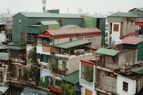 Hanoi city old town aerial skyline. Vietnam cityscape at rainy day