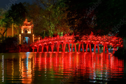 Ngoc Son Temple. Hanoi city old town at night, Vietnam photo