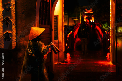 Ngoc Son Temple. Hanoi city old town at night, Vietnam photo