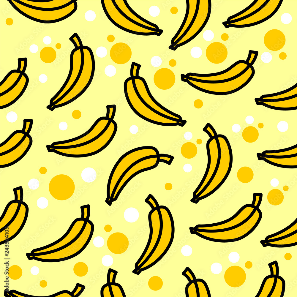 Seamless pattern of banana with in yellow color background. Vector illustration for banner, wallpaper, textile, fashion, card, banner.