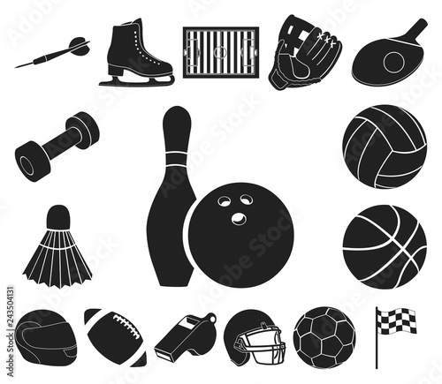 Different kinds of sports black icons in set collection for design. Sport equipment vector symbol stock web illustration.