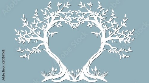 Vector illustration Postcard. Invitation and greeting card with the trees in the form of a heart. Pattern for the laser cut, serigraphy, plotter and screen printing.