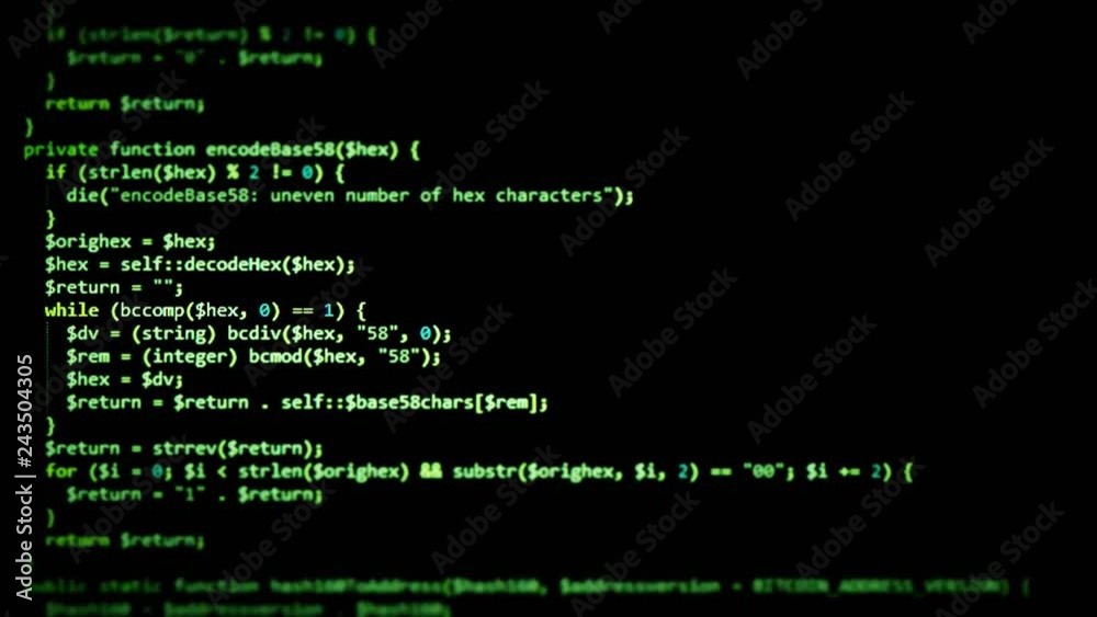 A simple source code text animation from a public domain project. Useful as texture / overlay or inside a computer monitor. Tilt-shift effect scrolling, green words on a black background.