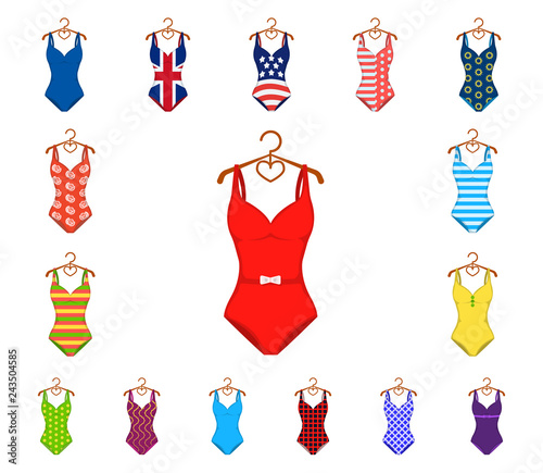 Different types of swimsuits cartoon icons in set collection for design. Swimming accessories vector symbol stock web illustration.